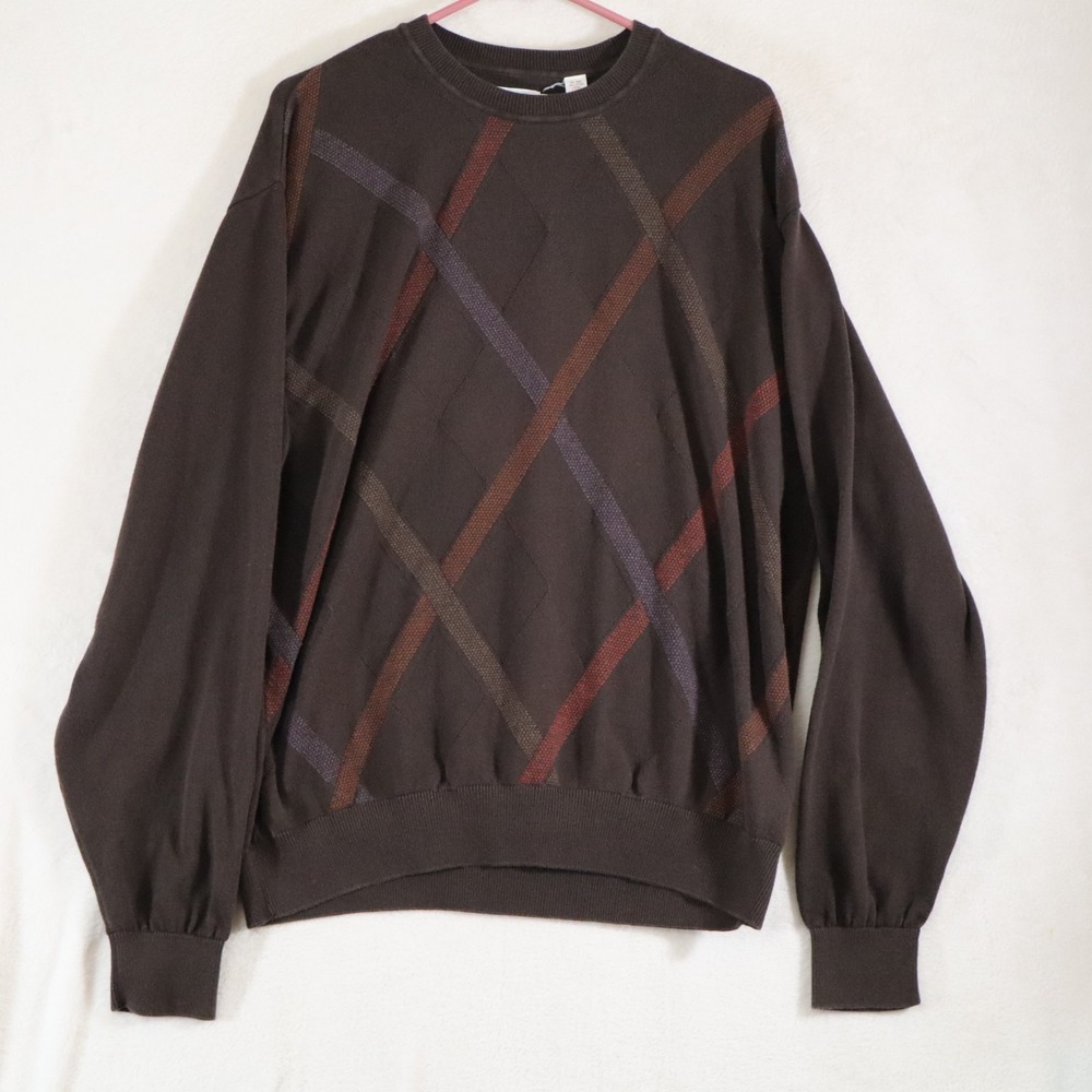 Alex Cannon Men's XL Brown Argyle Diamond Crewneck Sweater 100% Cotton